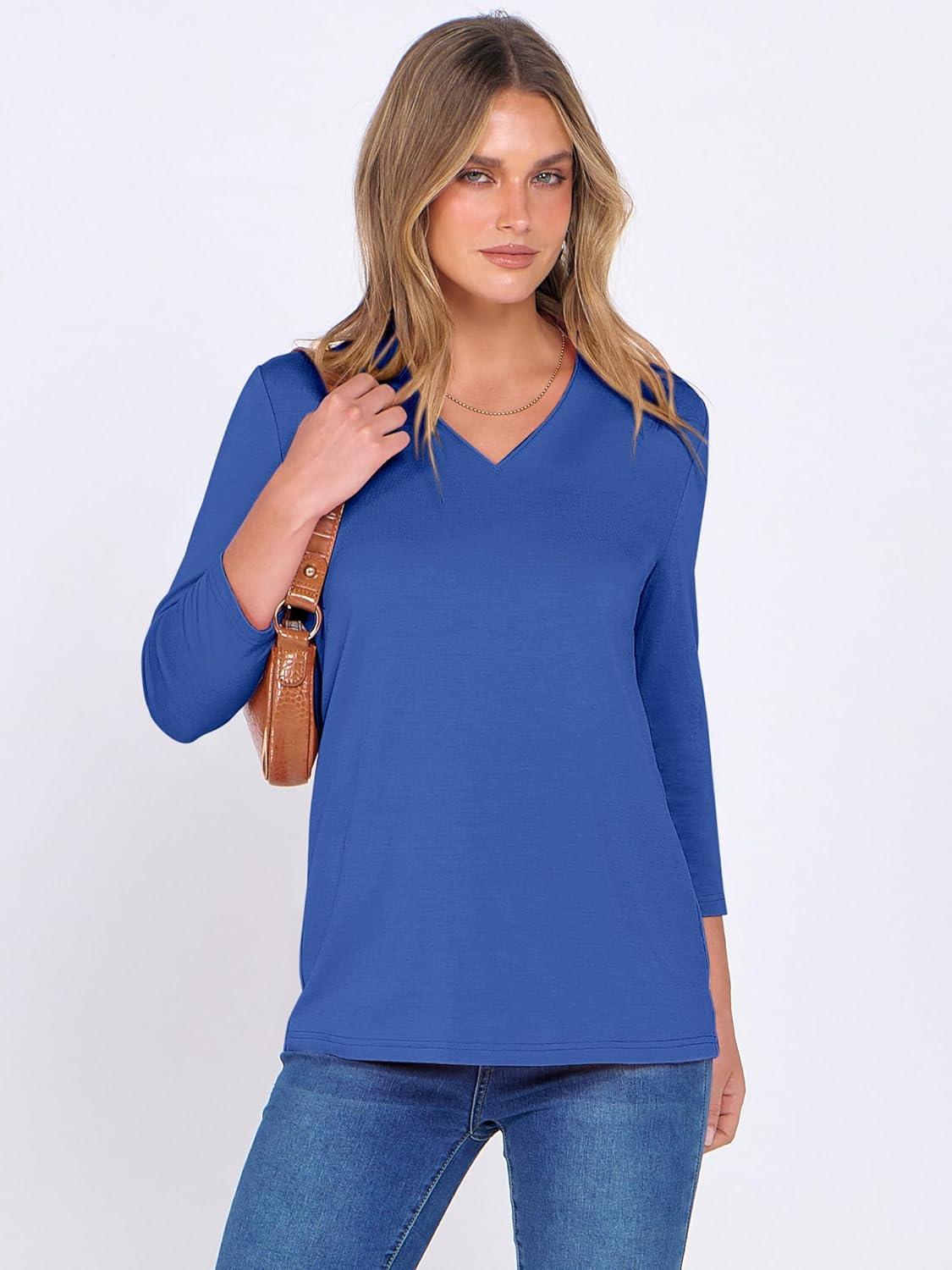 imageANRABESS Women 34 Length Sleeve Tops V Neck Basic Dressy Casual Business Tunic Tee Shirts 2025 Fall Summer Trendy OutfitsBlue