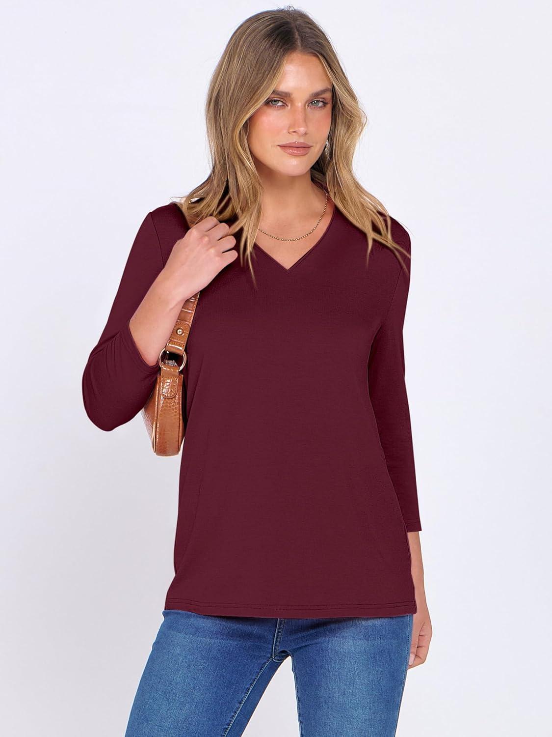 imageANRABESS Women 34 Length Sleeve Tops V Neck Basic Dressy Casual Business Tunic Tee Shirts 2025 Fall Summer Trendy OutfitsBurgundy