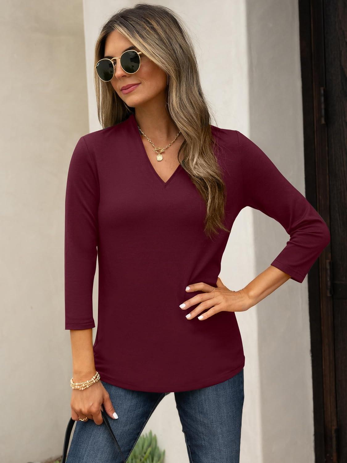 imageANRABESS Women 34 Length Sleeve Tops V Neck Basic Dressy Casual Business Tunic Tee Shirts 2025 Fall Summer Trendy OutfitsBurgundy