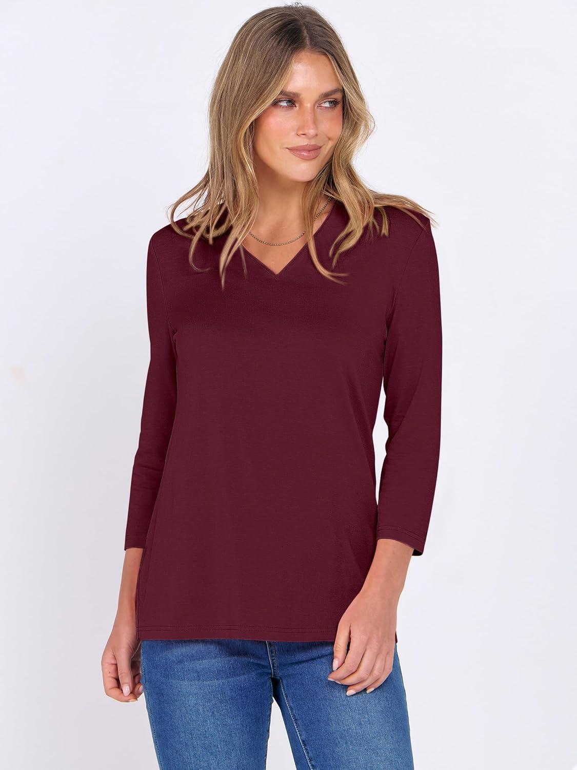 imageANRABESS Women 34 Length Sleeve Tops V Neck Basic Dressy Casual Business Tunic Tee Shirts 2025 Fall Summer Trendy OutfitsBurgundy