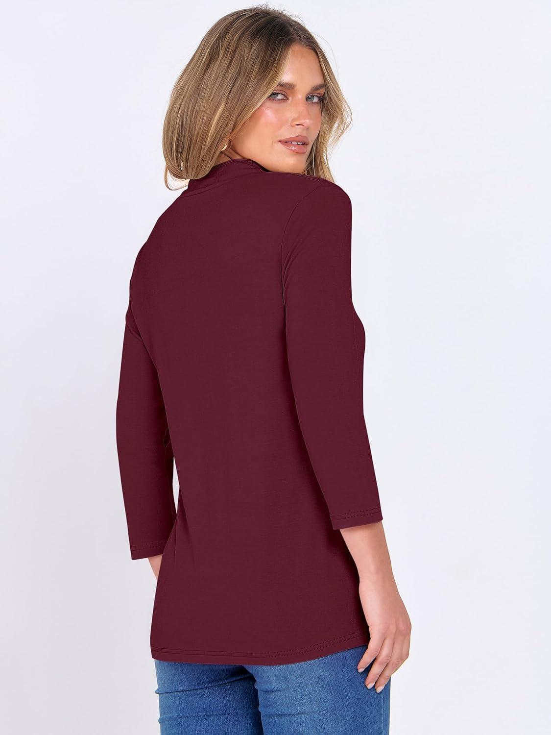 imageANRABESS Women 34 Length Sleeve Tops V Neck Basic Dressy Casual Business Tunic Tee Shirts 2025 Fall Summer Trendy OutfitsBurgundy