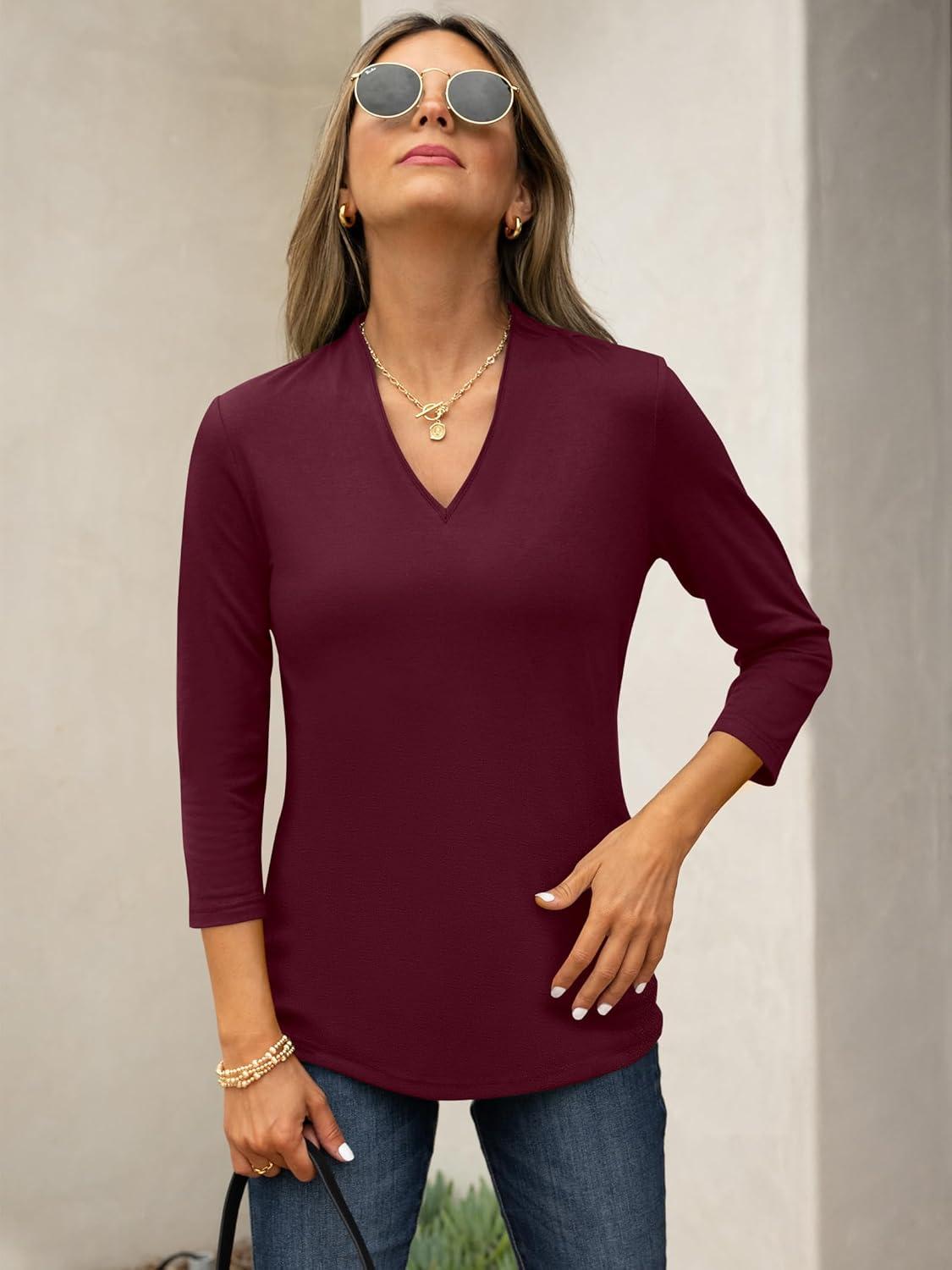imageANRABESS Women 34 Length Sleeve Tops V Neck Basic Dressy Casual Business Tunic Tee Shirts 2025 Fall Summer Trendy OutfitsBurgundy