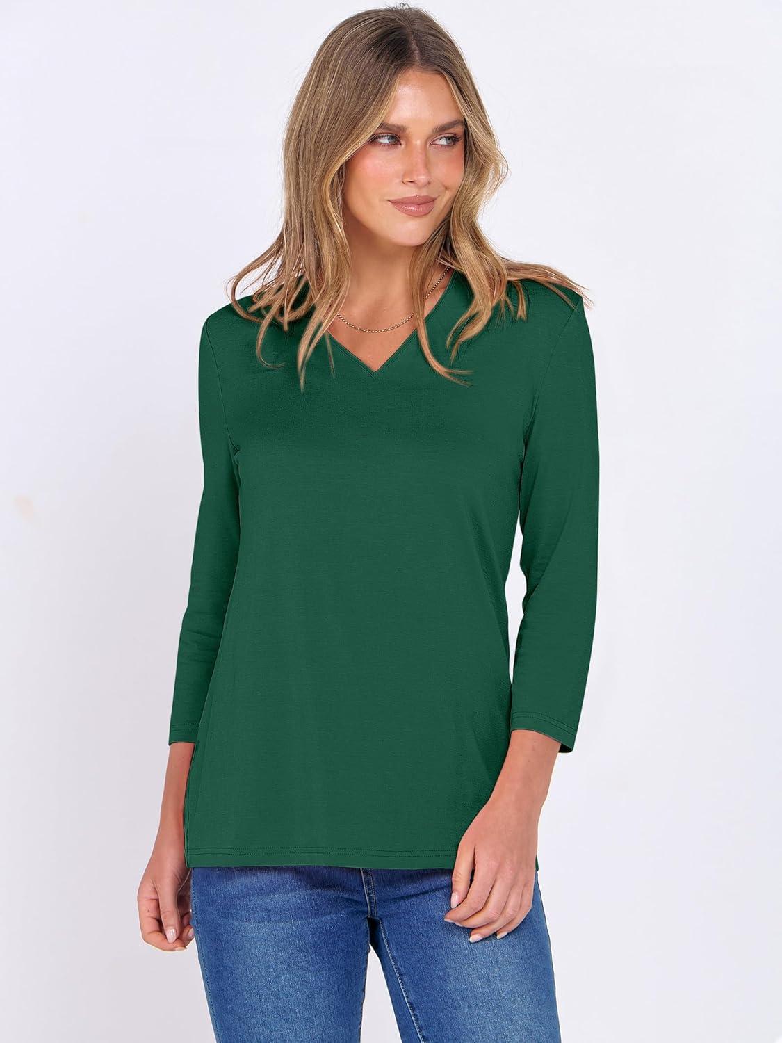 imageANRABESS Women 34 Length Sleeve Tops V Neck Basic Dressy Casual Business Tunic Tee Shirts 2025 Fall Summer Trendy OutfitsDeep Green