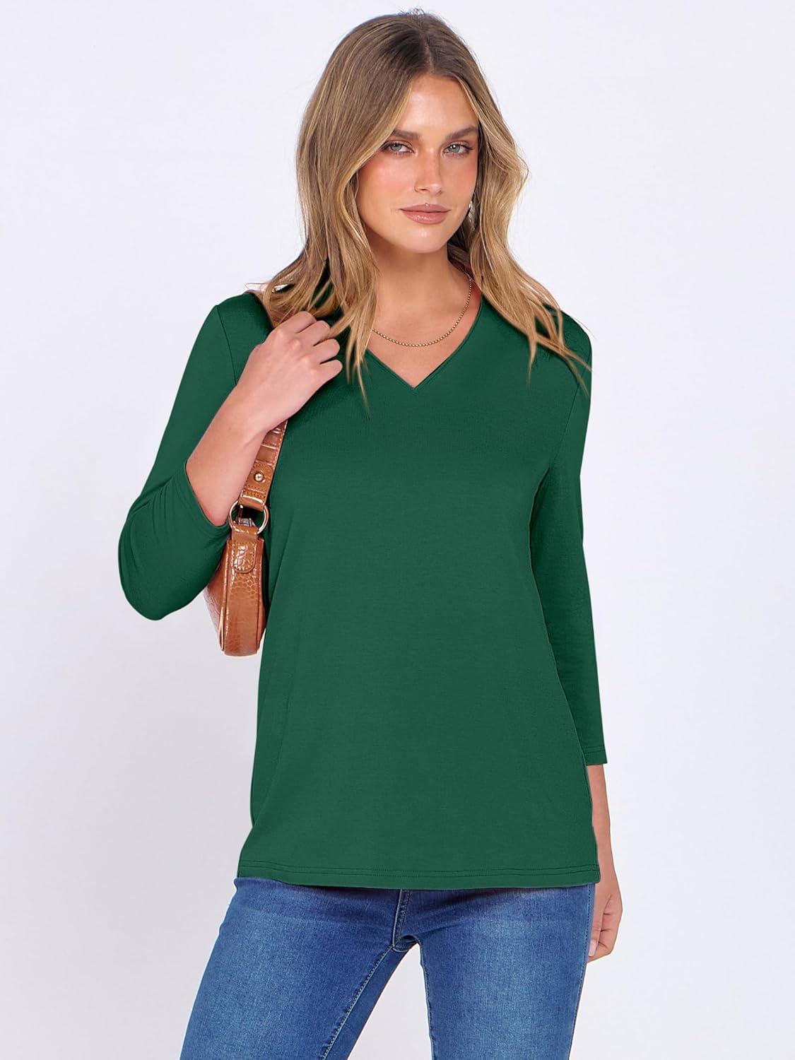 imageANRABESS Women 34 Length Sleeve Tops V Neck Basic Dressy Casual Business Tunic Tee Shirts 2025 Fall Summer Trendy OutfitsDeep Green