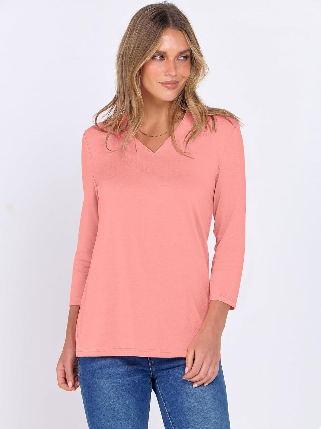 imageANRABESS Women 34 Length Sleeve Tops V Neck Basic Dressy Casual Business Tunic Tee Shirts 2025 Fall Summer Trendy OutfitsPink