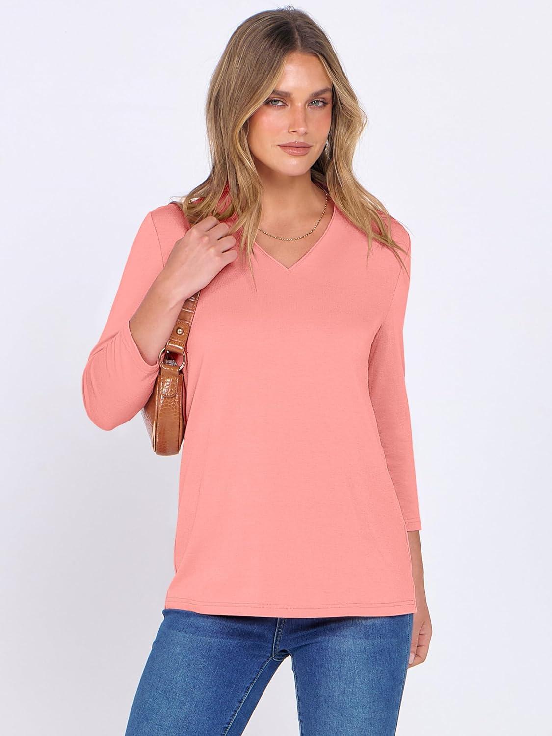 imageANRABESS Women 34 Length Sleeve Tops V Neck Basic Dressy Casual Business Tunic Tee Shirts 2025 Fall Summer Trendy OutfitsPink