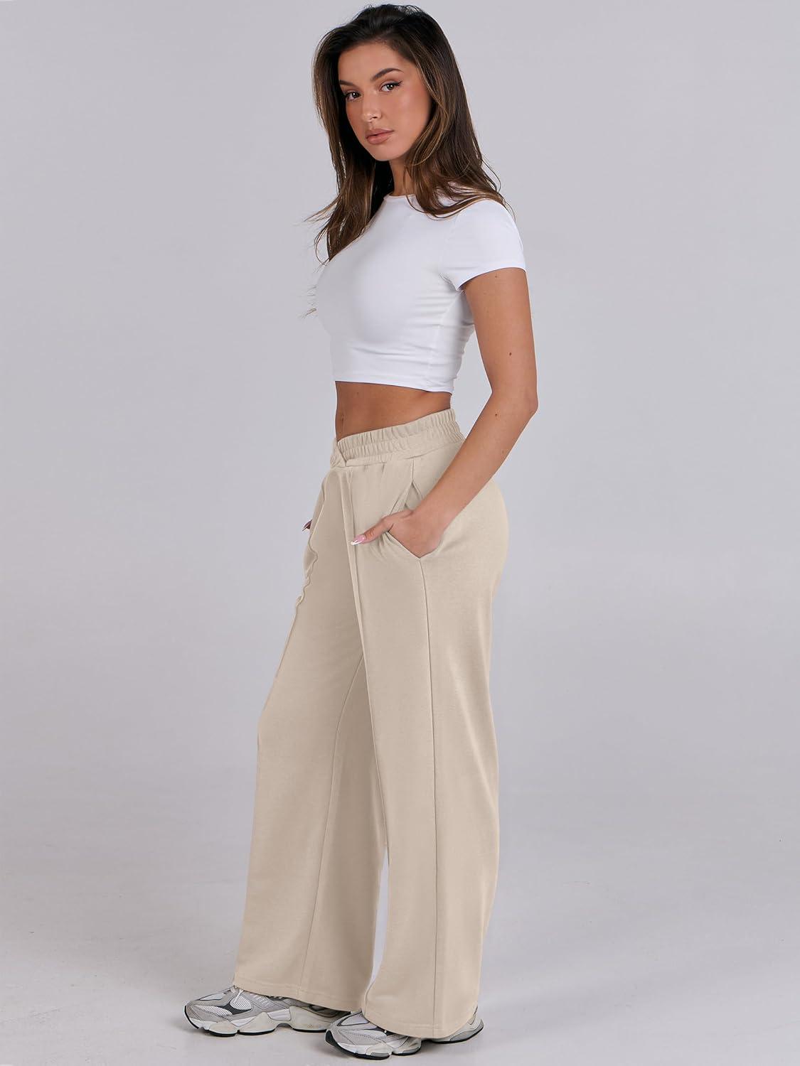 imageANRABESS Women Asymmetric High Waist Wide Straight Leg Sweatpants with Pockets 2024 Fall Trendy Sweat Jogger PantsAlmond
