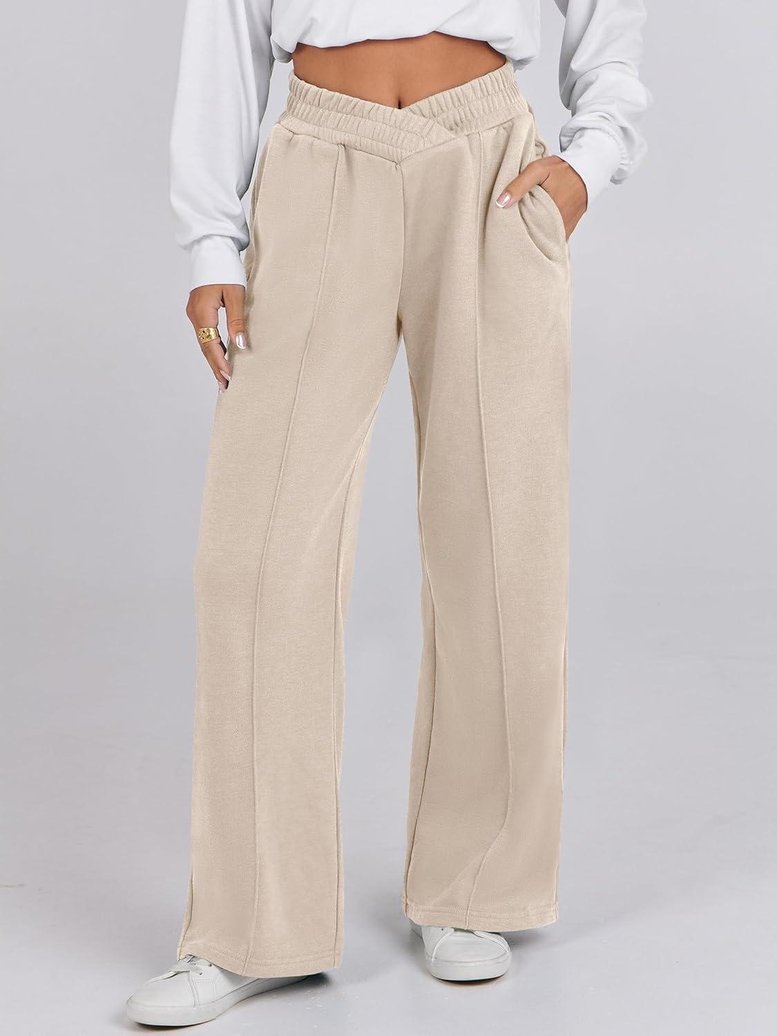 imageANRABESS Women Asymmetric High Waist Wide Straight Leg Sweatpants with Pockets 2024 Fall Trendy Sweat Jogger PantsAlmond