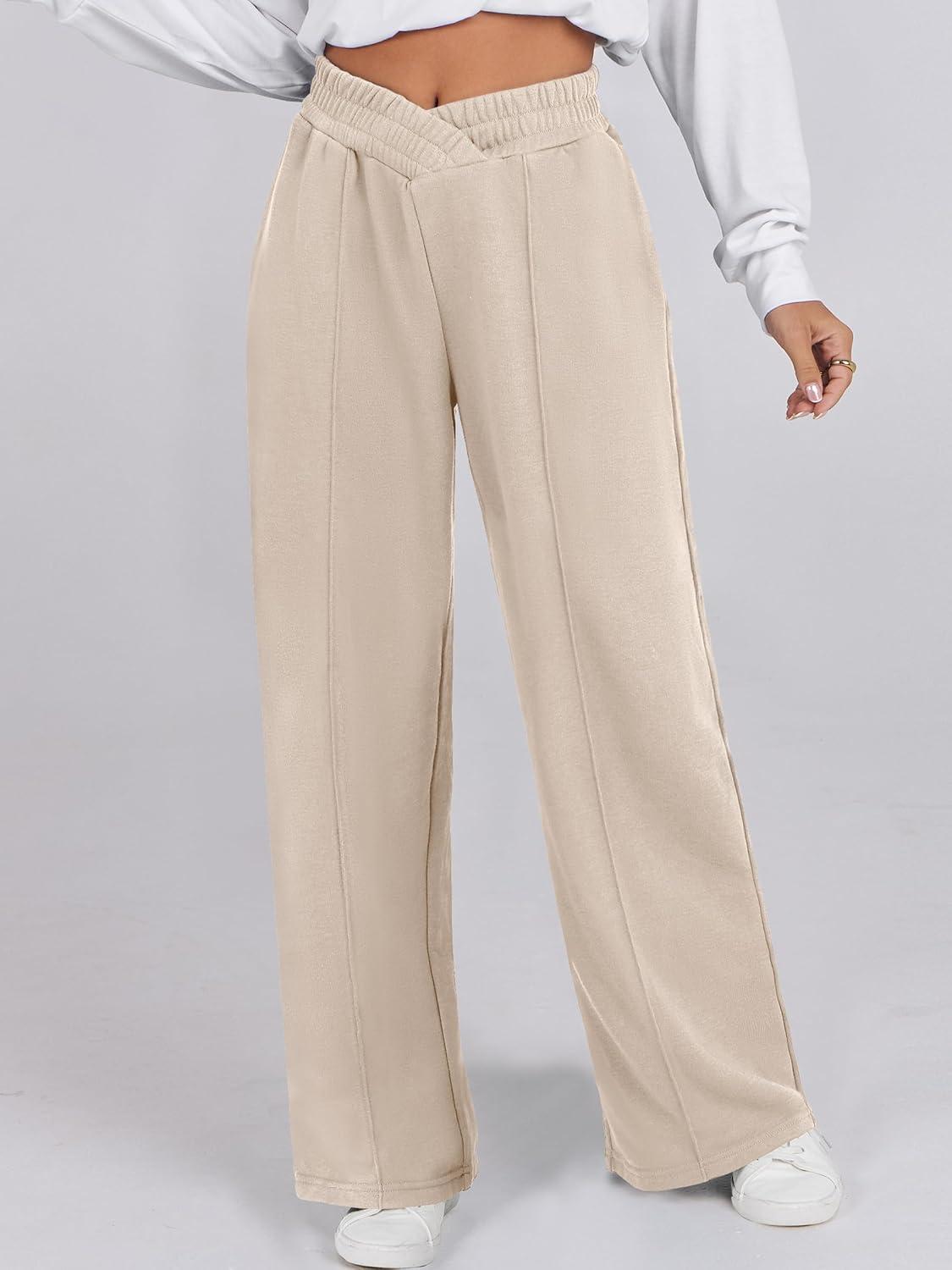 imageANRABESS Women Asymmetric High Waist Wide Straight Leg Sweatpants with Pockets 2024 Fall Trendy Sweat Jogger PantsAlmond