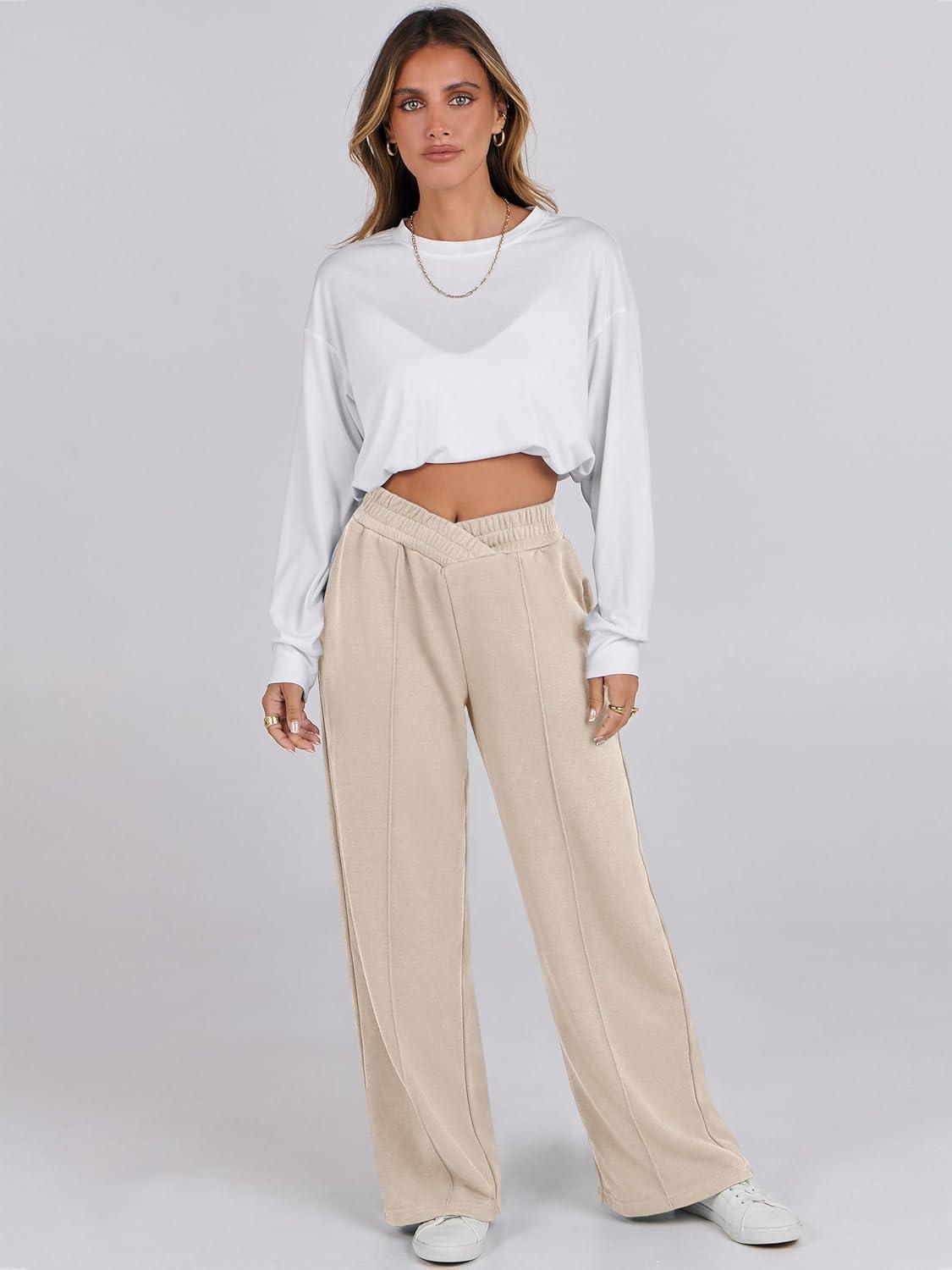 imageANRABESS Women Asymmetric High Waist Wide Straight Leg Sweatpants with Pockets 2024 Fall Trendy Sweat Jogger PantsAlmond
