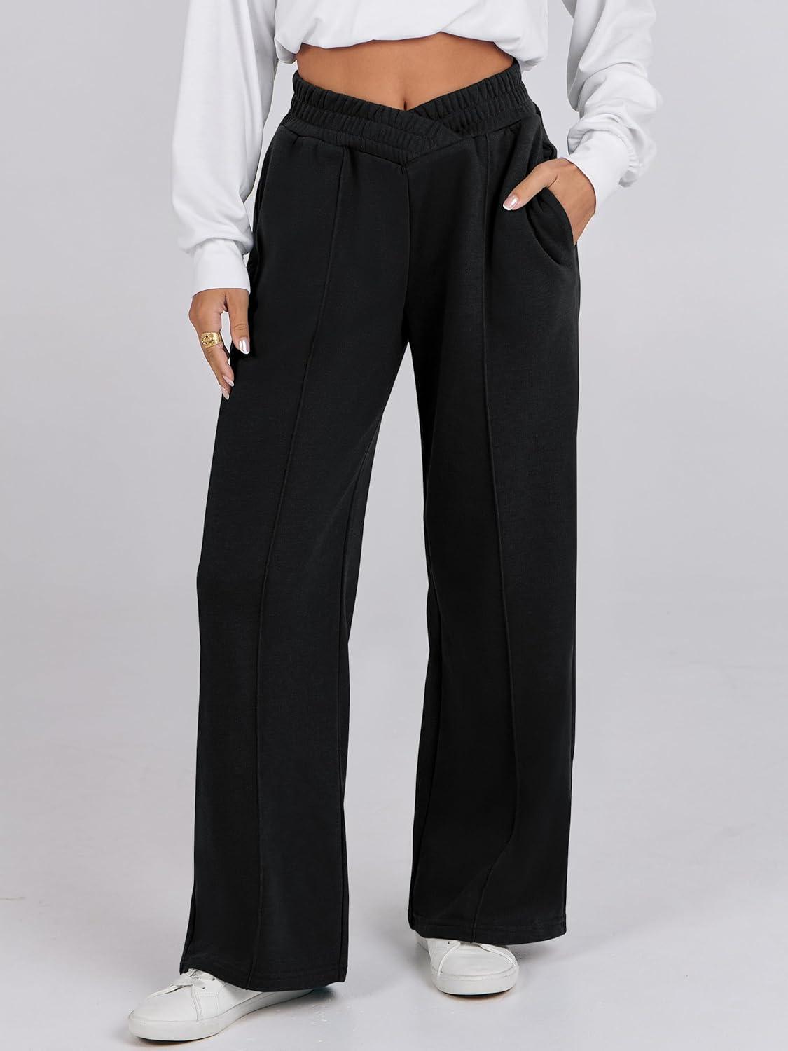 imageANRABESS Women Asymmetric High Waist Wide Straight Leg Sweatpants with Pockets 2024 Fall Trendy Sweat Jogger PantsBlack