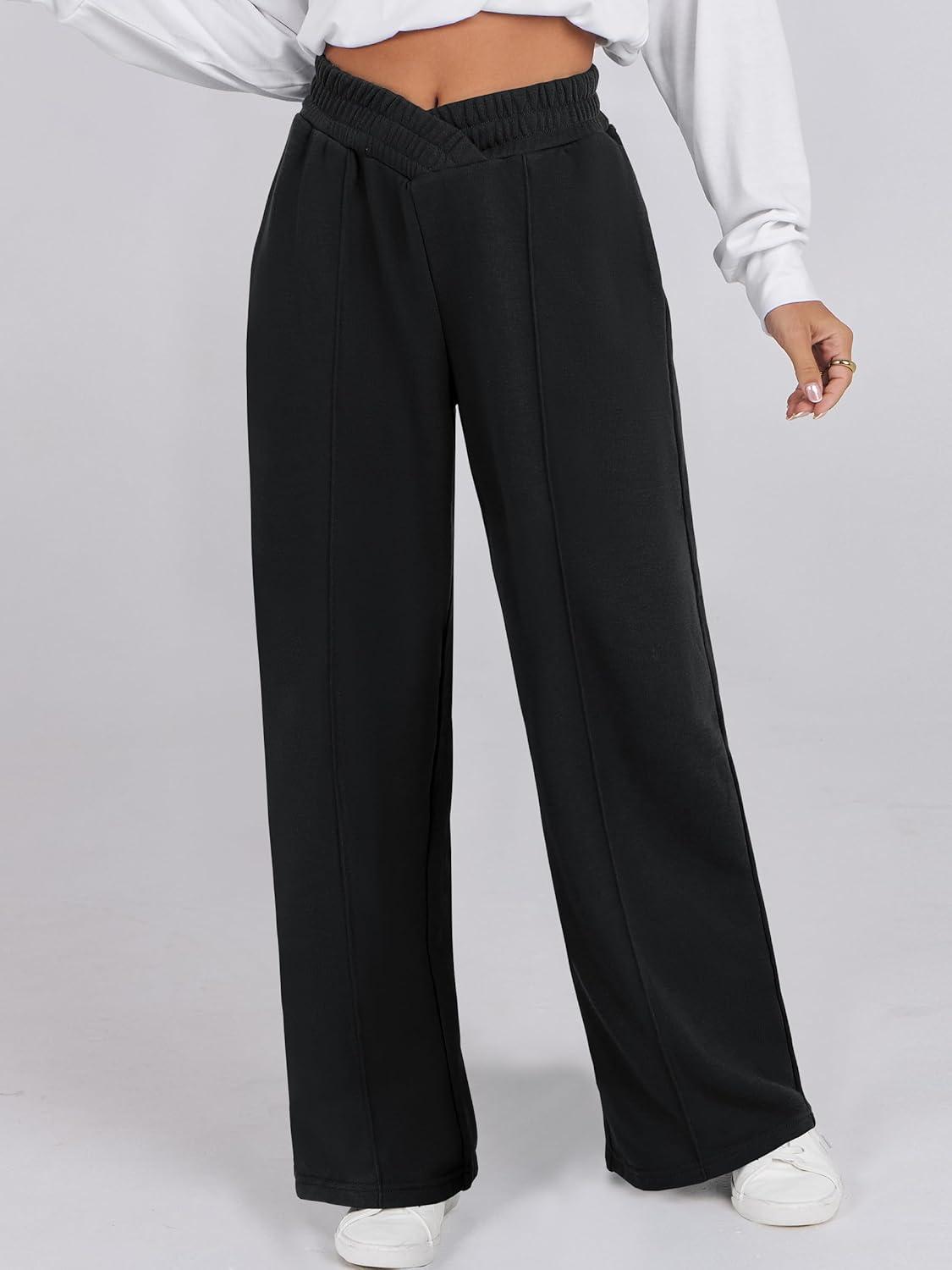 imageANRABESS Women Asymmetric High Waist Wide Straight Leg Sweatpants with Pockets 2024 Fall Trendy Sweat Jogger PantsBlack