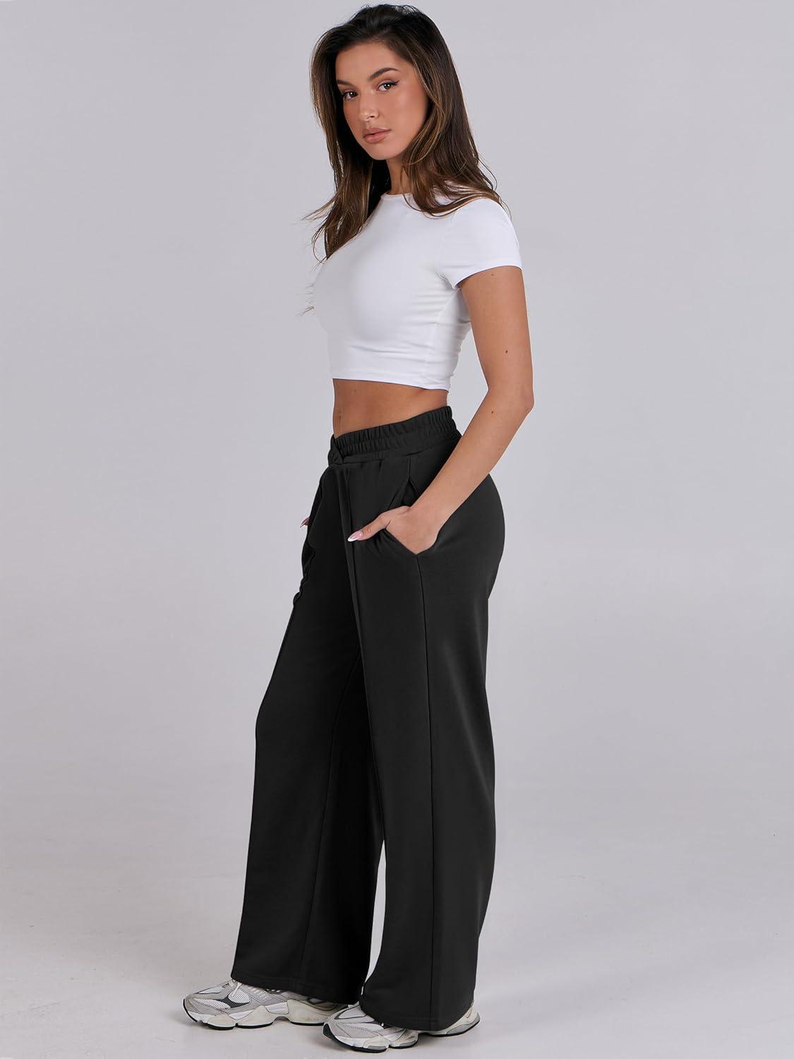 imageANRABESS Women Asymmetric High Waist Wide Straight Leg Sweatpants with Pockets 2024 Fall Trendy Sweat Jogger PantsBlack