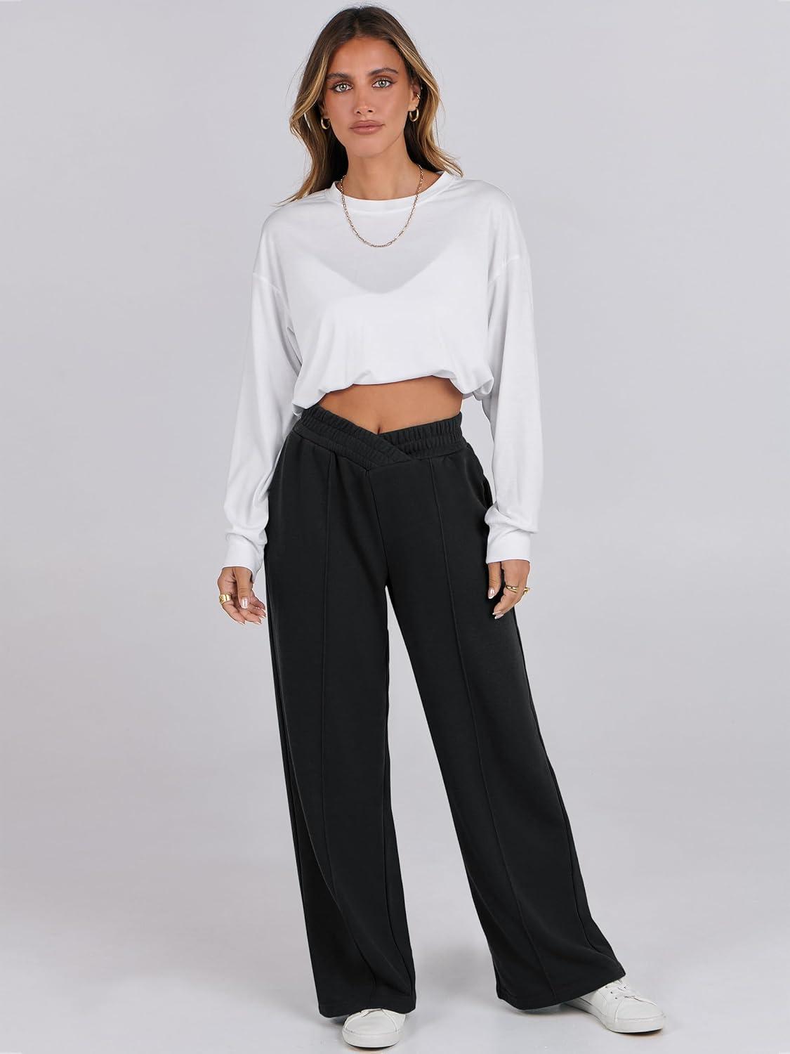 imageANRABESS Women Asymmetric High Waist Wide Straight Leg Sweatpants with Pockets 2024 Fall Trendy Sweat Jogger PantsBlack