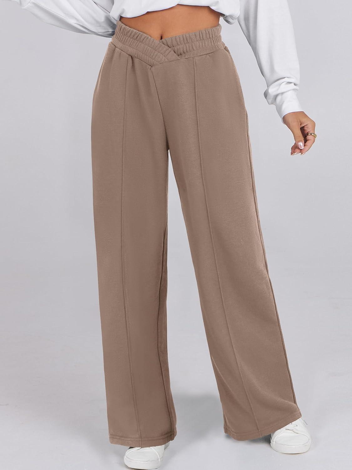 imageANRABESS Women Asymmetric High Waist Wide Straight Leg Sweatpants with Pockets 2024 Fall Trendy Sweat Jogger PantsLight Brown