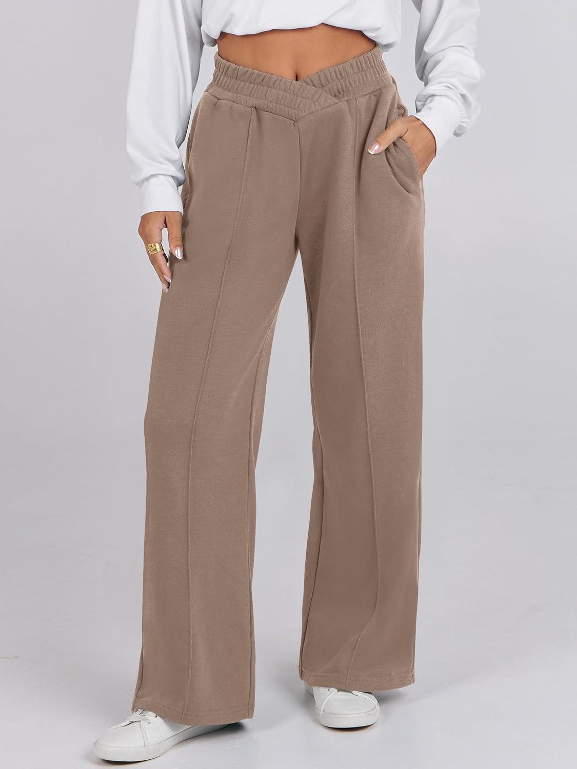 imageANRABESS Women Asymmetric High Waist Wide Straight Leg Sweatpants with Pockets 2024 Fall Trendy Sweat Jogger PantsLight Brown