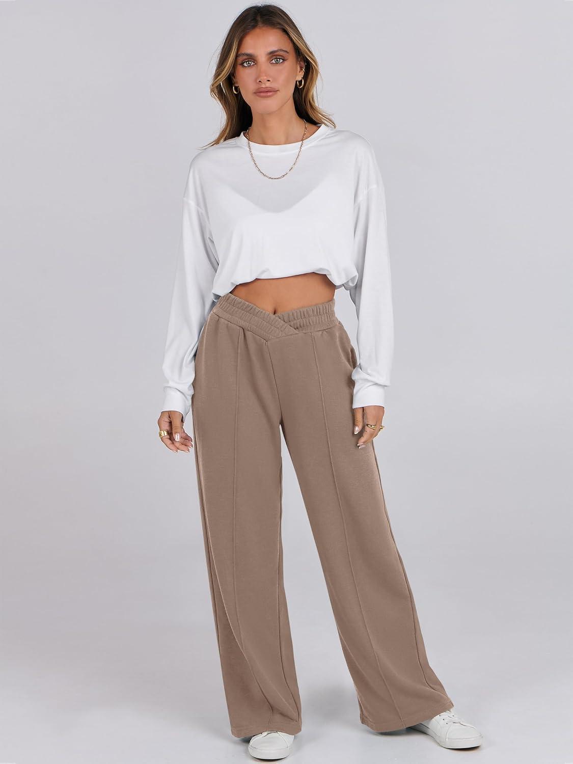 imageANRABESS Women Asymmetric High Waist Wide Straight Leg Sweatpants with Pockets 2024 Fall Trendy Sweat Jogger PantsLight Brown