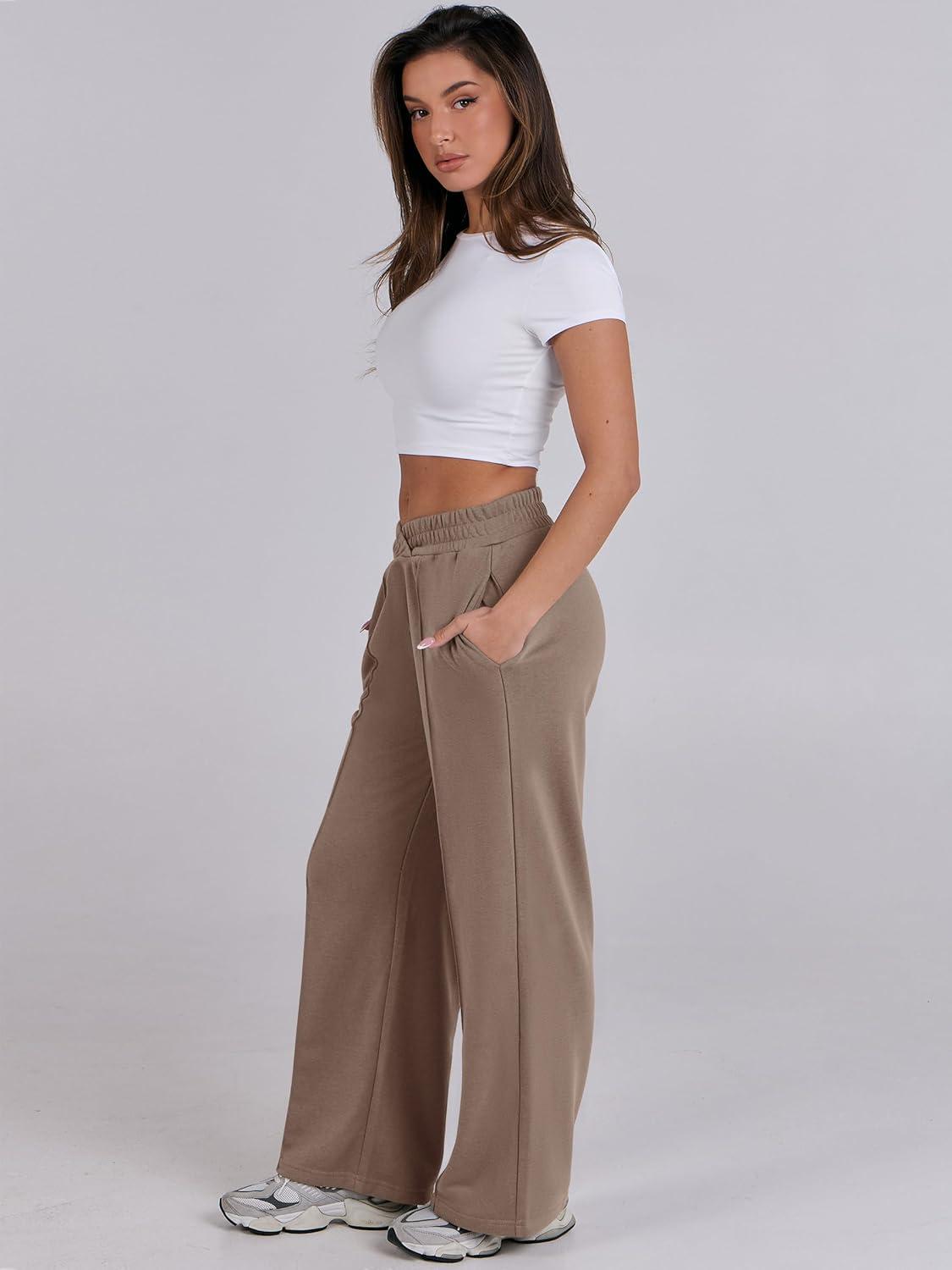 imageANRABESS Women Asymmetric High Waist Wide Straight Leg Sweatpants with Pockets 2024 Fall Trendy Sweat Jogger PantsLight Brown