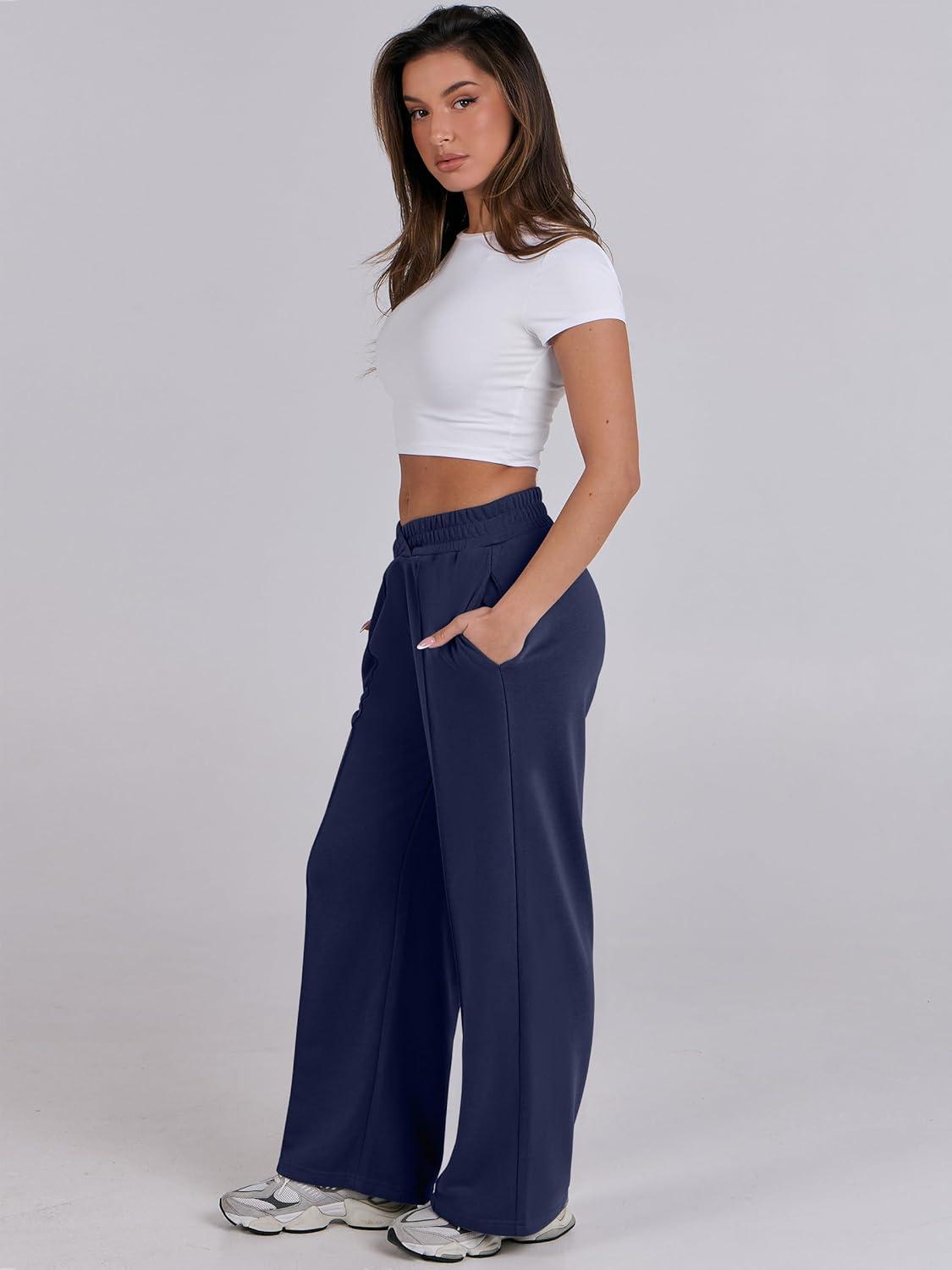 imageANRABESS Women Asymmetric High Waist Wide Straight Leg Sweatpants with Pockets 2024 Fall Trendy Sweat Jogger PantsNavy Blue