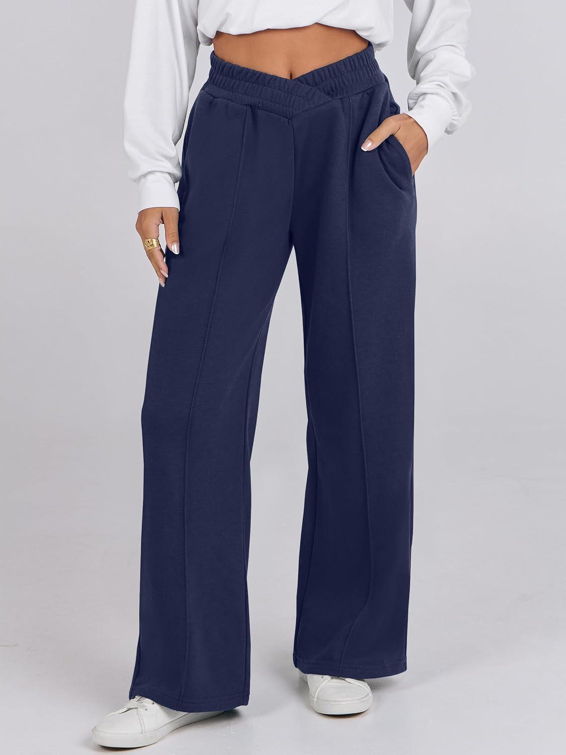 imageANRABESS Women Asymmetric High Waist Wide Straight Leg Sweatpants with Pockets 2024 Fall Trendy Sweat Jogger PantsNavy Blue