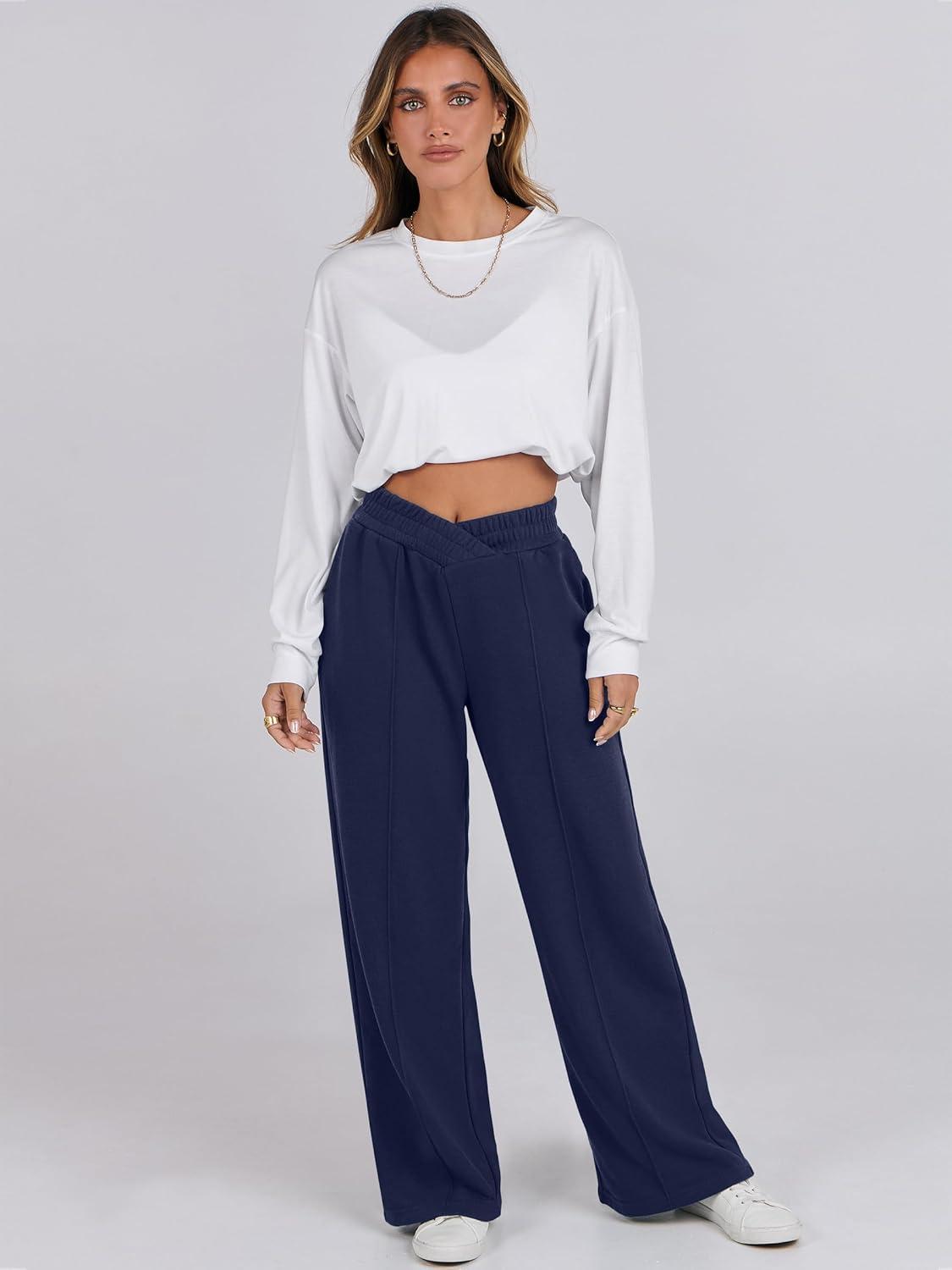 imageANRABESS Women Asymmetric High Waist Wide Straight Leg Sweatpants with Pockets 2024 Fall Trendy Sweat Jogger PantsNavy Blue