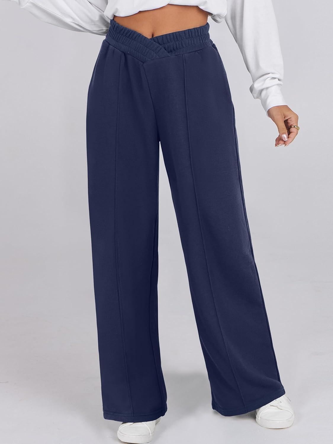 imageANRABESS Women Asymmetric High Waist Wide Straight Leg Sweatpants with Pockets 2024 Fall Trendy Sweat Jogger PantsNavy Blue