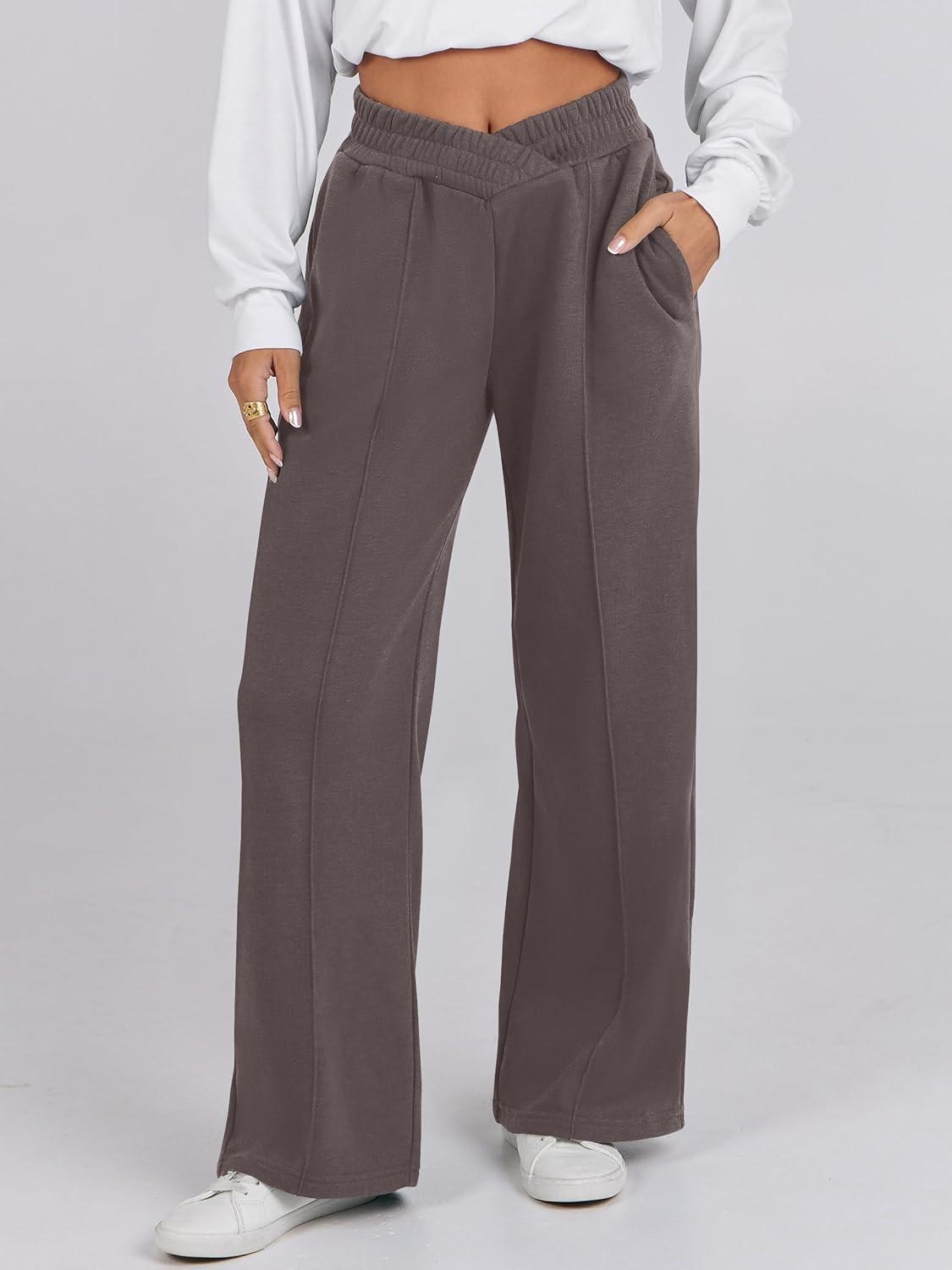 imageANRABESS Women Asymmetric High Waist Wide Straight Leg Sweatpants with Pockets 2024 Fall Trendy Sweat Jogger PantsPure Brown