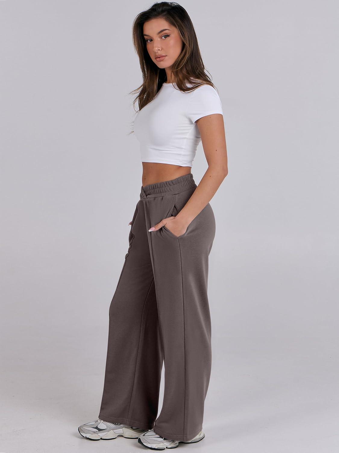 imageANRABESS Women Asymmetric High Waist Wide Straight Leg Sweatpants with Pockets 2024 Fall Trendy Sweat Jogger PantsPure Brown