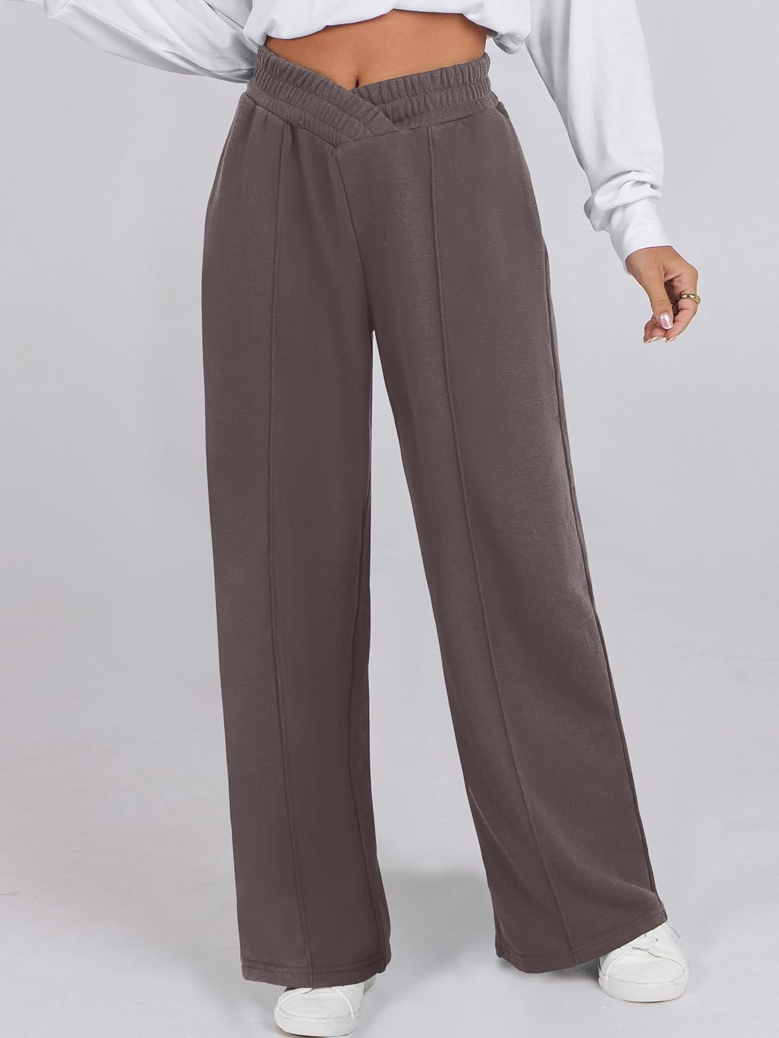 imageANRABESS Women Asymmetric High Waist Wide Straight Leg Sweatpants with Pockets 2024 Fall Trendy Sweat Jogger PantsPure Brown