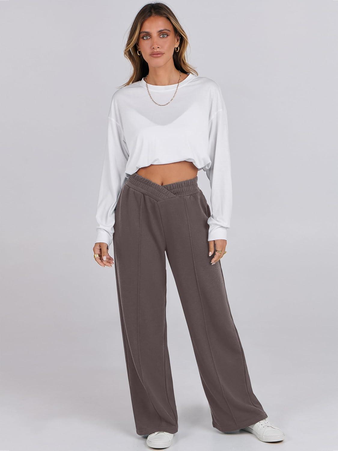 imageANRABESS Women Asymmetric High Waist Wide Straight Leg Sweatpants with Pockets 2024 Fall Trendy Sweat Jogger PantsPure Brown