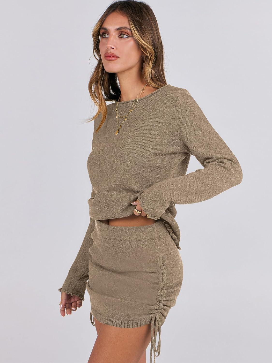 imageANRABESS Women Long Sleeve Skirt Sets 2025 Fall Sweater Lounge Sets 2 Piece Beach Vacation OutfitsCoffee