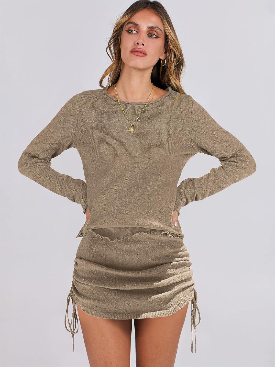 imageANRABESS Women Long Sleeve Skirt Sets 2025 Fall Sweater Lounge Sets 2 Piece Beach Vacation OutfitsCoffee