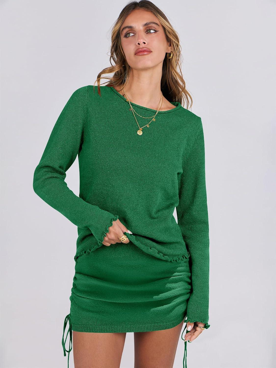 imageANRABESS Women Long Sleeve Skirt Sets 2025 Fall Sweater Lounge Sets 2 Piece Beach Vacation OutfitsGreen