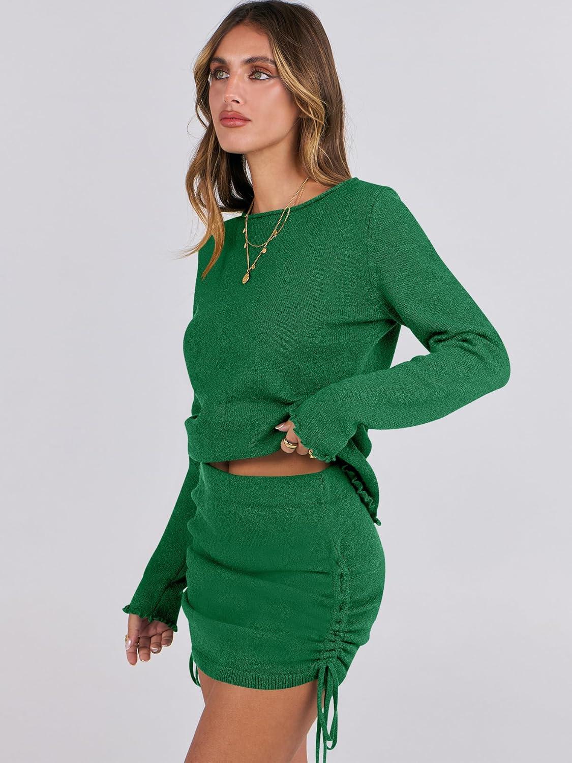 imageANRABESS Women Long Sleeve Skirt Sets 2025 Fall Sweater Lounge Sets 2 Piece Beach Vacation OutfitsGreen