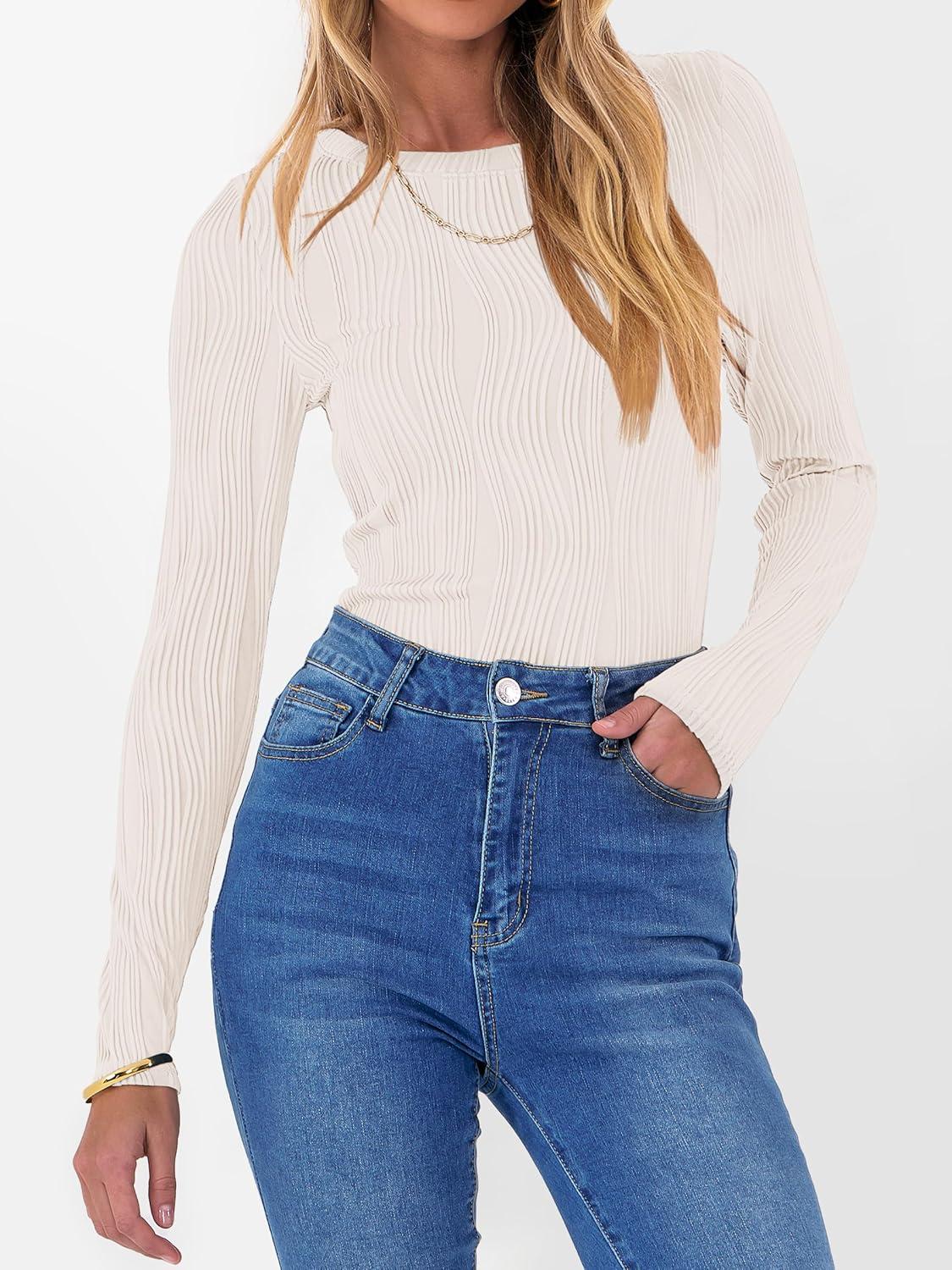 imageANRABESS Women Long Sleeve Tops Slim Fitted Business Casual Shirts Rib Textured TShirts 2025 Fall Outfits Dressy Work BlouseApricot