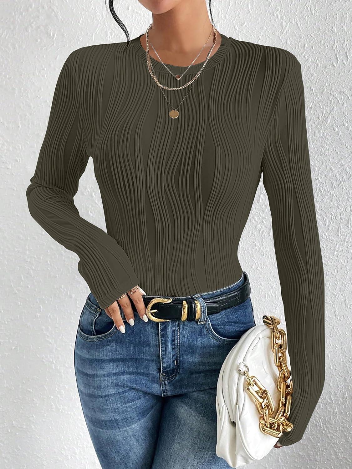 imageANRABESS Women Long Sleeve Tops Slim Fitted Business Casual Shirts Rib Textured TShirts 2025 Fall Outfits Dressy Work BlouseArmy Green