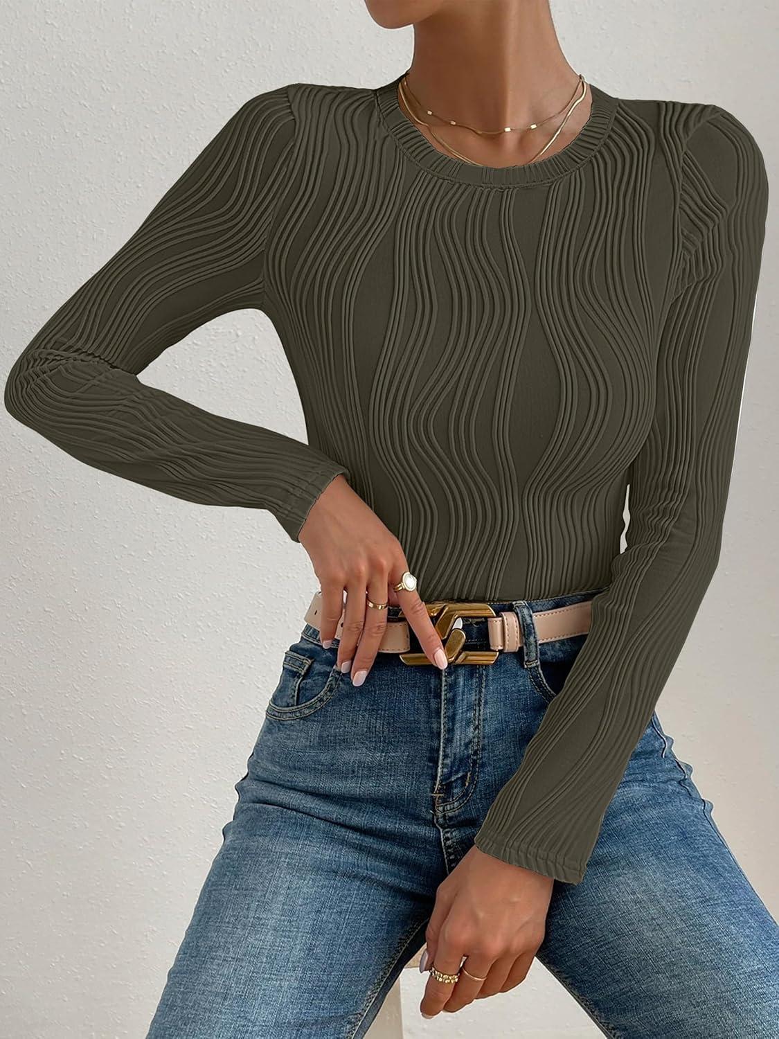 imageANRABESS Women Long Sleeve Tops Slim Fitted Business Casual Shirts Rib Textured TShirts 2025 Fall Outfits Dressy Work BlouseArmy Green
