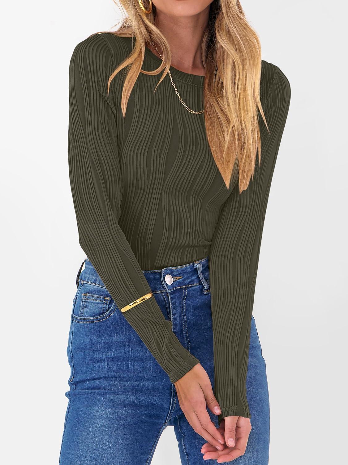 imageANRABESS Women Long Sleeve Tops Slim Fitted Business Casual Shirts Rib Textured TShirts 2025 Fall Outfits Dressy Work BlouseArmy Green
