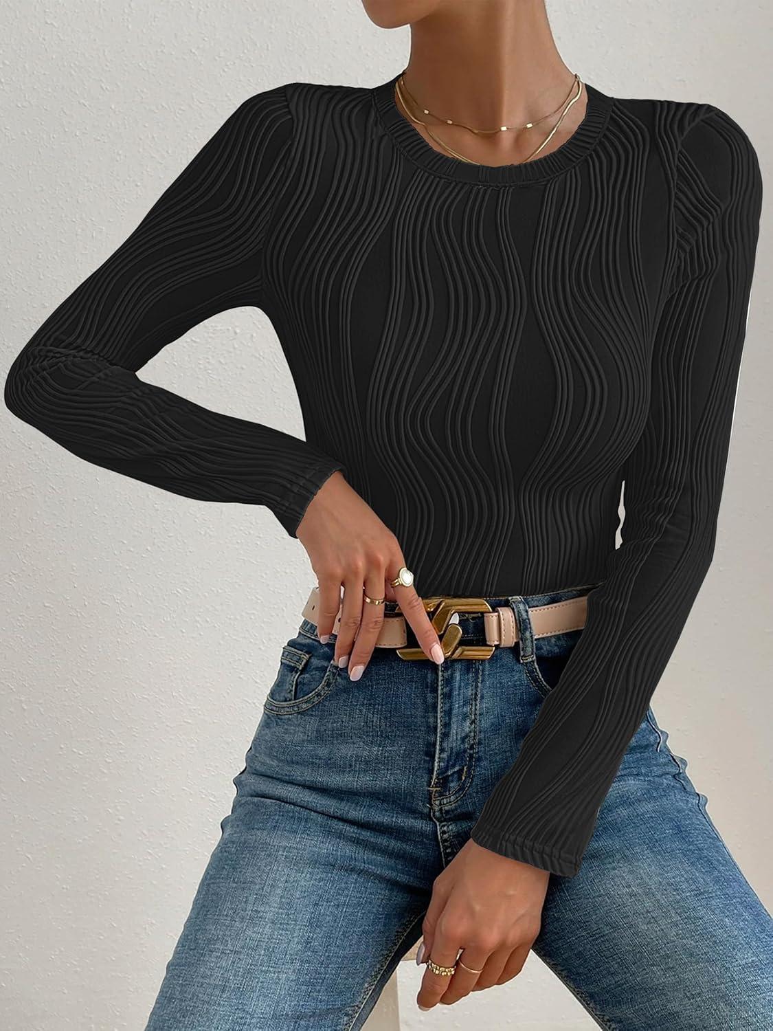imageANRABESS Women Long Sleeve Tops Slim Fitted Business Casual Shirts Rib Textured TShirts 2025 Fall Outfits Dressy Work BlouseBlack