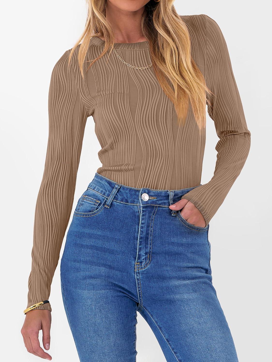 imageANRABESS Women Long Sleeve Tops Slim Fitted Business Casual Shirts Rib Textured TShirts 2025 Fall Outfits Dressy Work BlouseKhaki