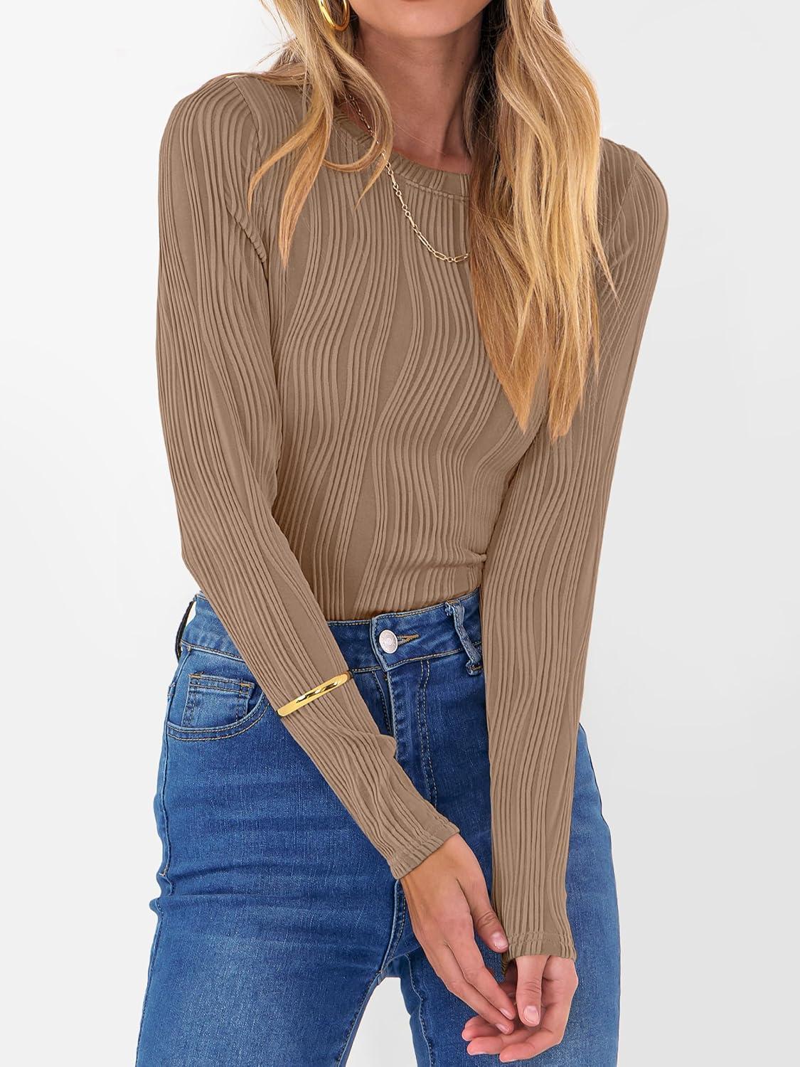 imageANRABESS Women Long Sleeve Tops Slim Fitted Business Casual Shirts Rib Textured TShirts 2025 Fall Outfits Dressy Work BlouseKhaki