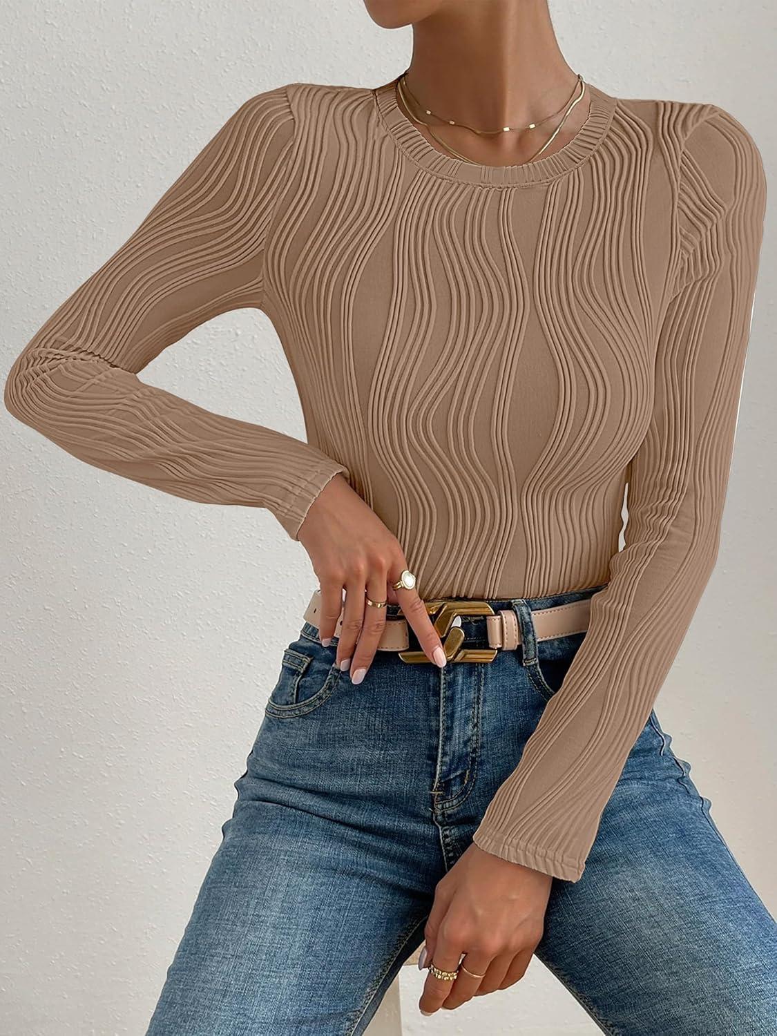 imageANRABESS Women Long Sleeve Tops Slim Fitted Business Casual Shirts Rib Textured TShirts 2025 Fall Outfits Dressy Work BlouseKhaki