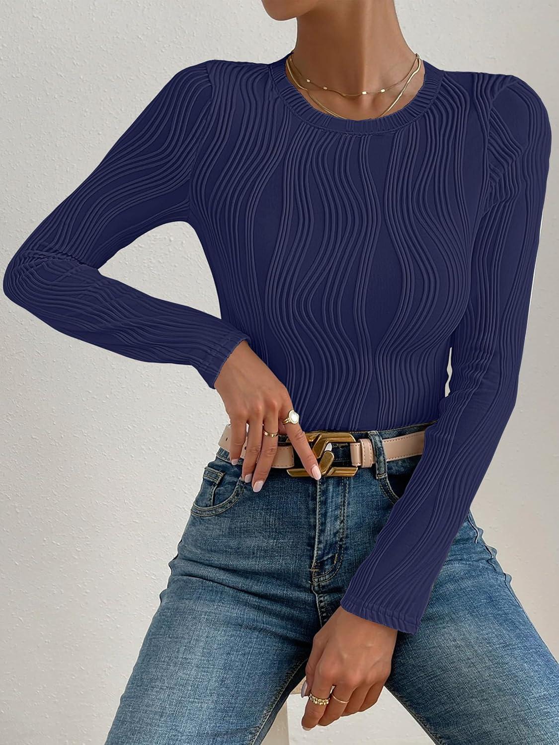 imageANRABESS Women Long Sleeve Tops Slim Fitted Business Casual Shirts Rib Textured TShirts 2025 Fall Outfits Dressy Work BlouseNavy Blue