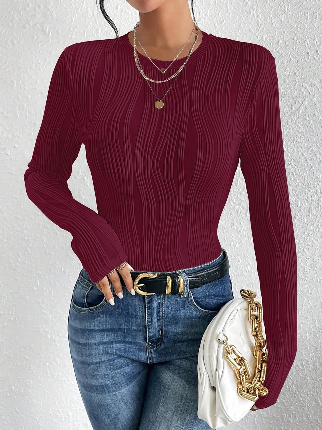 imageANRABESS Women Long Sleeve Tops Slim Fitted Business Casual Shirts Rib Textured TShirts 2025 Fall Outfits Dressy Work BlouseWine Red