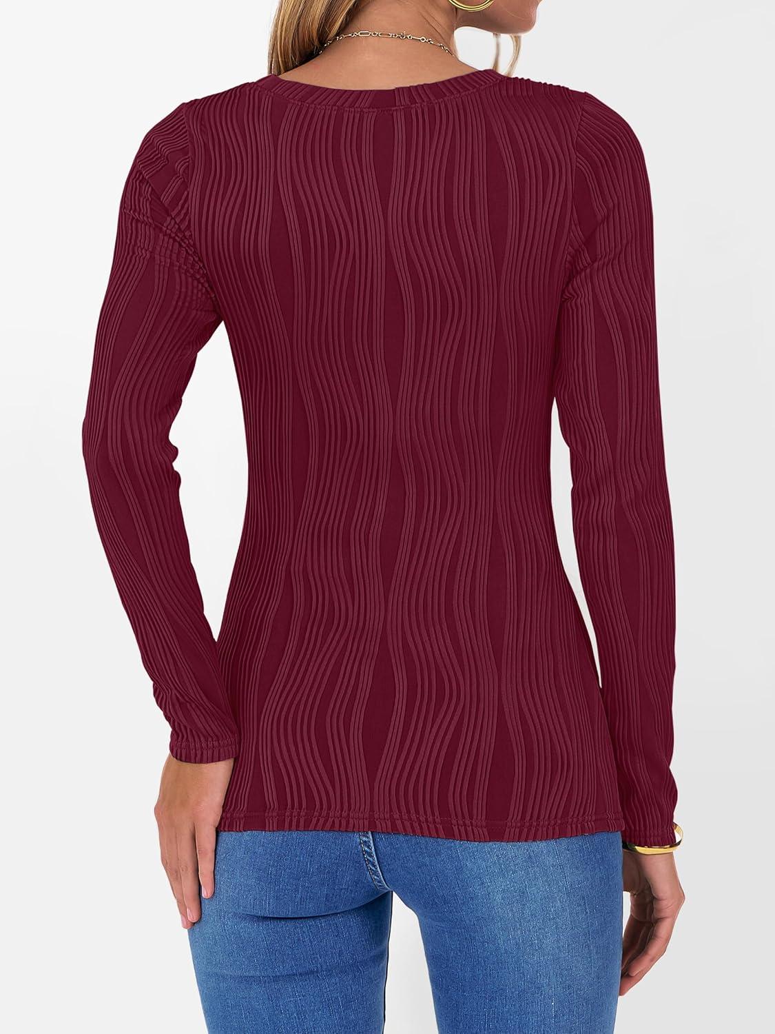 imageANRABESS Women Long Sleeve Tops Slim Fitted Business Casual Shirts Rib Textured TShirts 2025 Fall Outfits Dressy Work BlouseWine Red