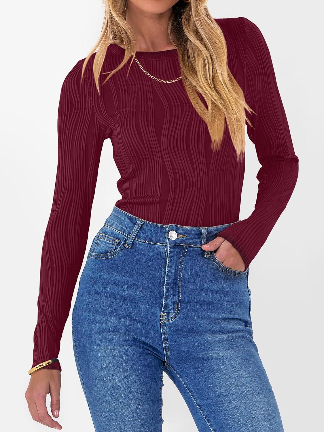 imageANRABESS Women Long Sleeve Tops Slim Fitted Business Casual Shirts Rib Textured TShirts 2025 Fall Outfits Dressy Work BlouseWine Red