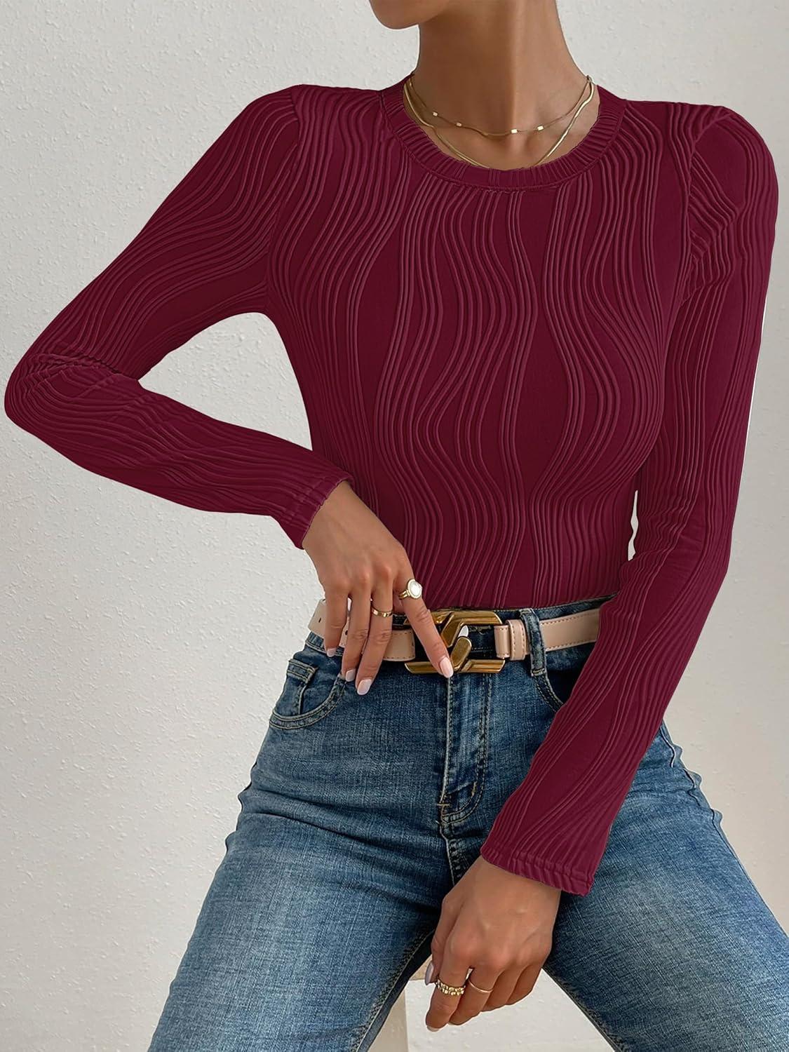 imageANRABESS Women Long Sleeve Tops Slim Fitted Business Casual Shirts Rib Textured TShirts 2025 Fall Outfits Dressy Work BlouseWine Red