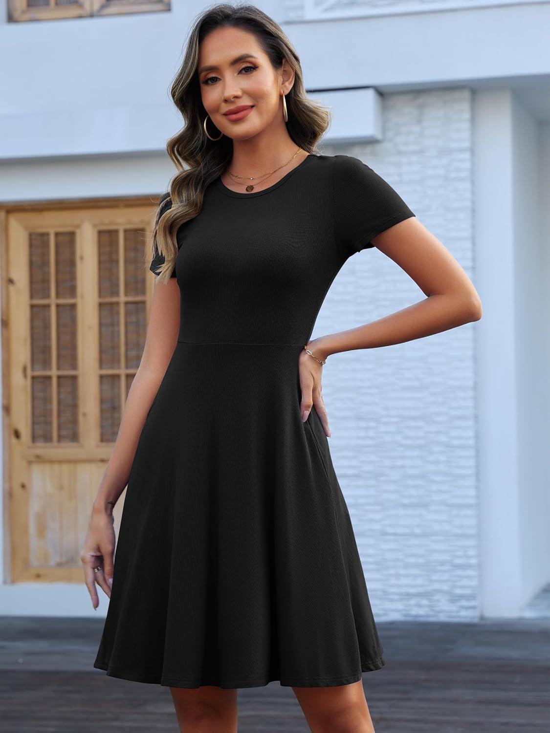 imageANRABESS Women Summer Short Sleeve Ribbed Knit Fit ampamp Flare ALine Flowy Business Casual Work Basic Mini Dress with PocketsBlack