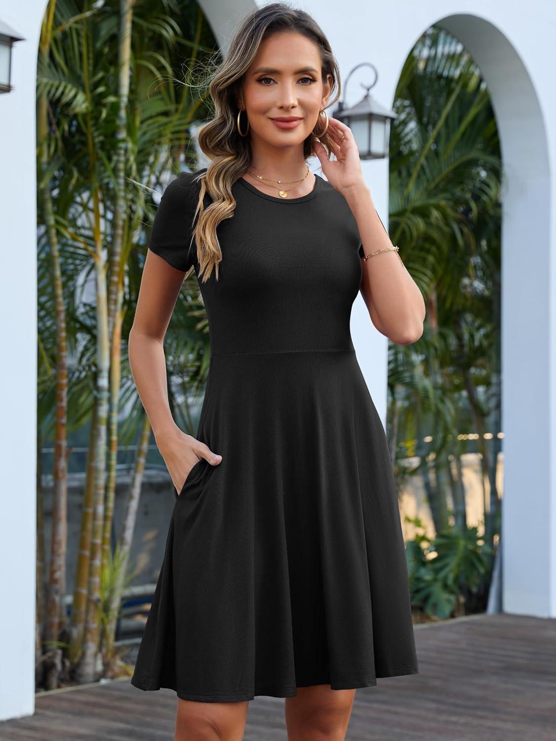 imageANRABESS Women Summer Short Sleeve Ribbed Knit Fit ampamp Flare ALine Flowy Business Casual Work Basic Mini Dress with PocketsBlack