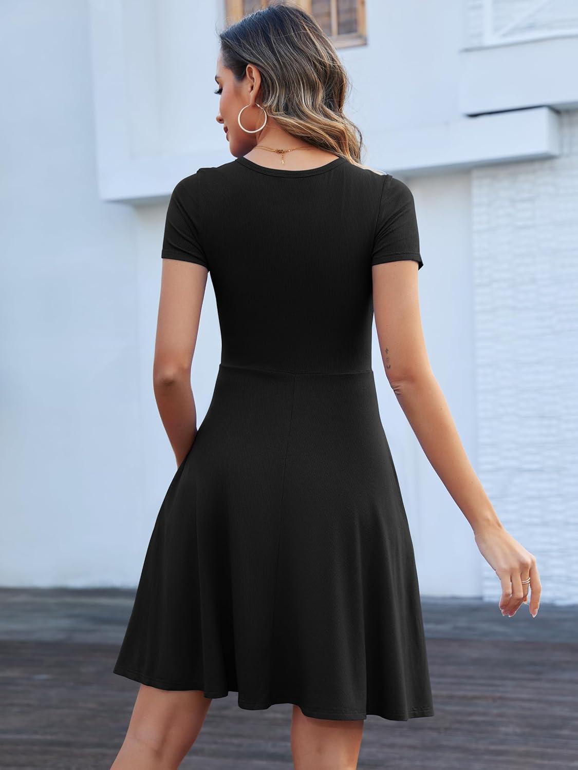 imageANRABESS Women Summer Short Sleeve Ribbed Knit Fit ampamp Flare ALine Flowy Business Casual Work Basic Mini Dress with PocketsBlack